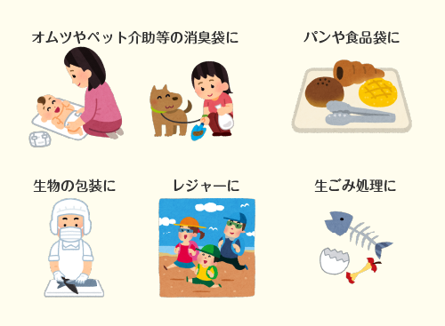 においポイはオムツやペット介助等の消臭袋、パンや食品の袋、生ものの包装、レジャーや生ごみ処理袋としてオススメです。